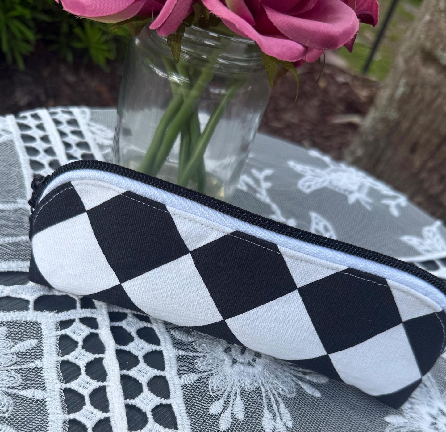 Handmade zippered travel case, brush case, glasses holder, versatile little bag, ladybug fabric, black and white