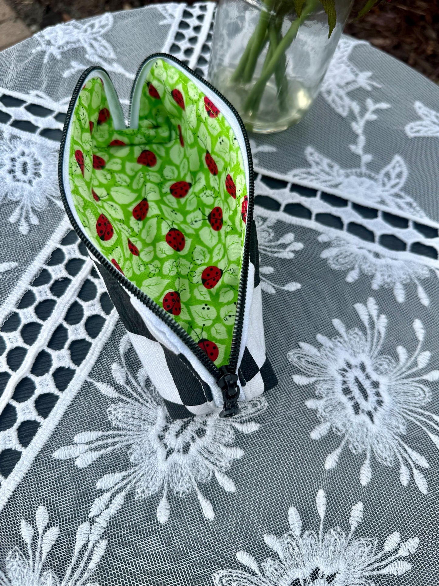 Handmade zippered travel case, brush case, glasses holder, versatile little bag, ladybug fabric, black and white