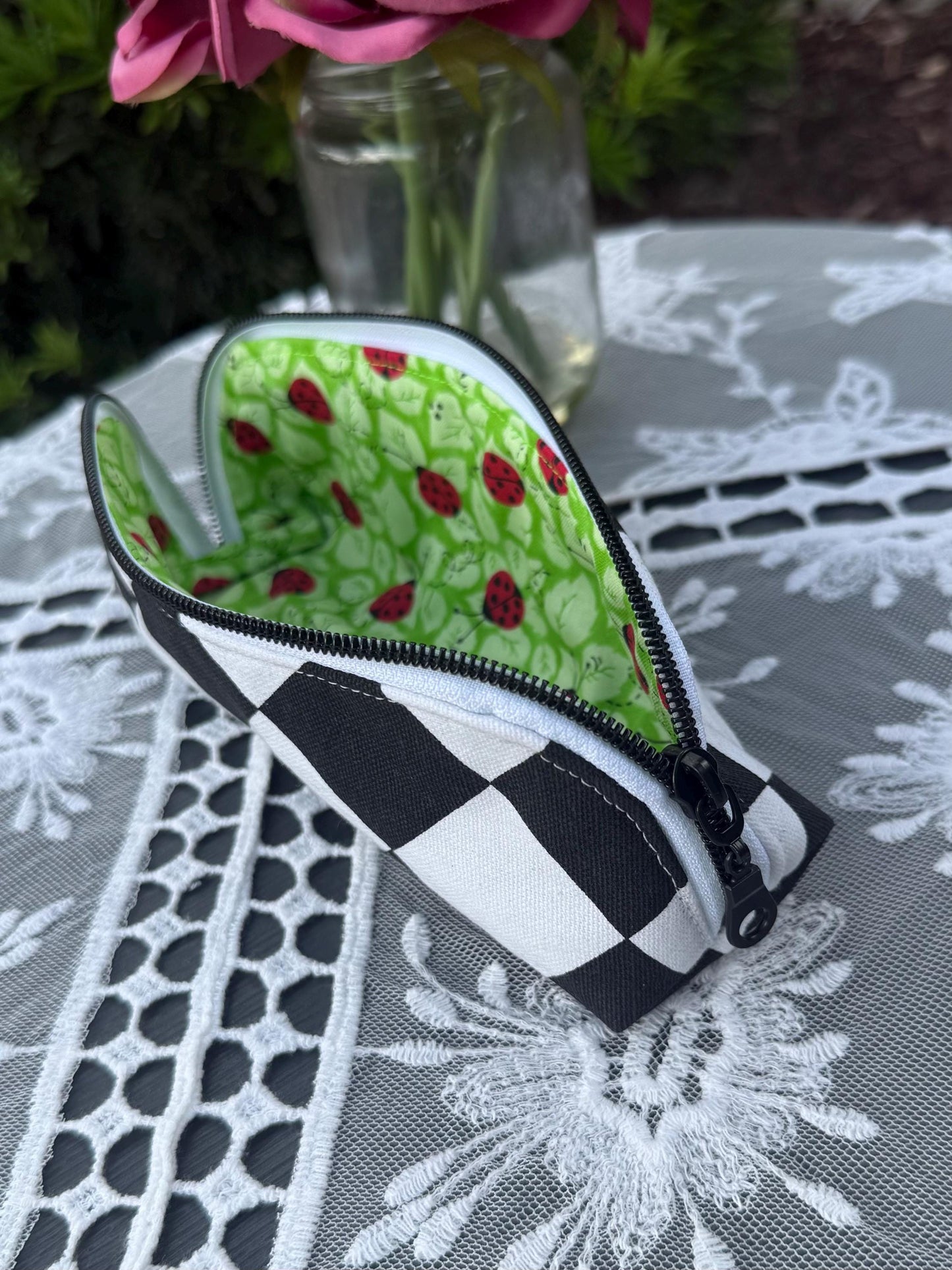 Handmade zippered travel case, brush case, glasses holder, versatile little bag, ladybug fabric, black and white