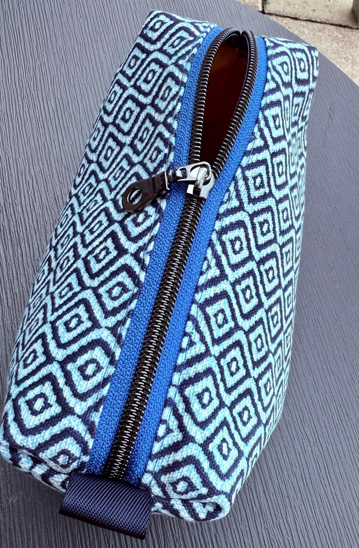 Box zippered bag with blue fabric, lined with yellow paper airplane printed fabric, carry-all makeup bag, handmade toiletries boxed bag