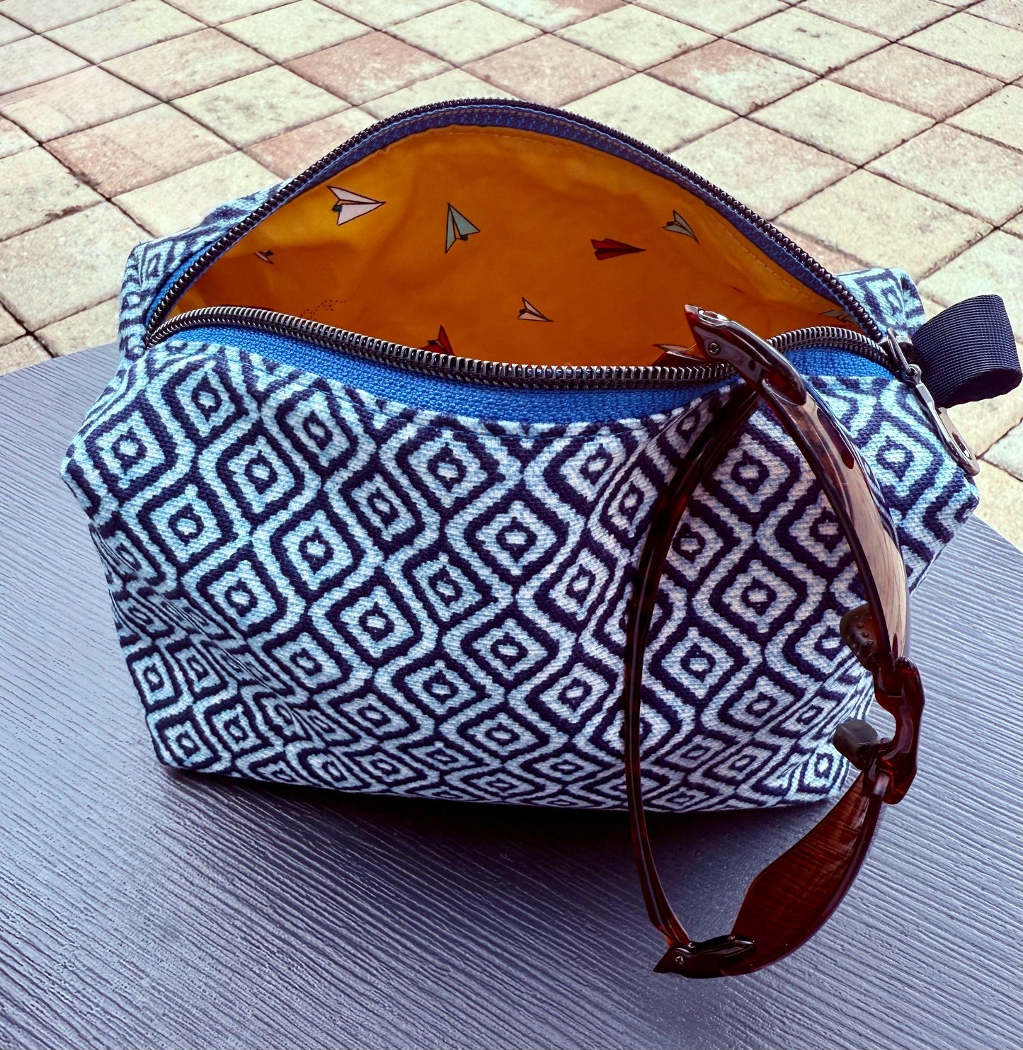 Box zippered bag with blue fabric, lined with yellow paper airplane printed fabric, carry-all makeup bag, handmade toiletries boxed bag