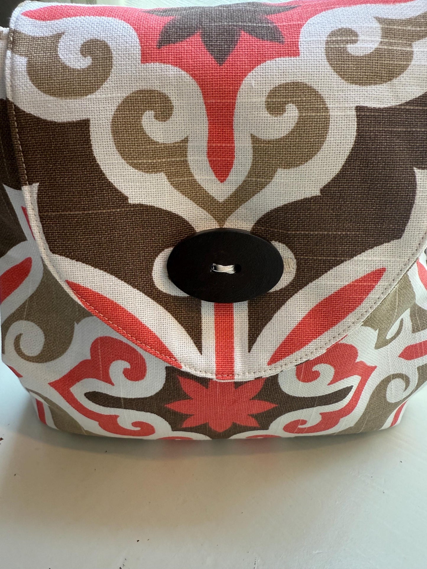 NEW DESIGN! Handbag made with cotton canvas, agf cotton lining, vegan leather handle, only ONE made, lightweight, coral, chocolate & cream