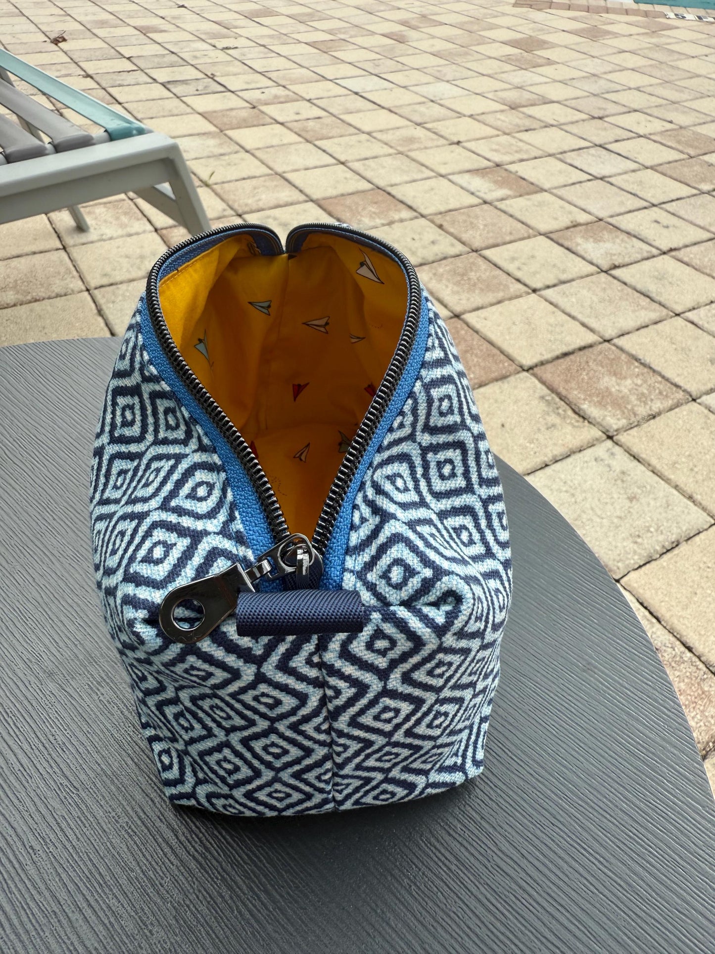 Box zippered bag with blue fabric, lined with yellow paper airplane printed fabric, carry-all makeup bag, handmade toiletries boxed bag