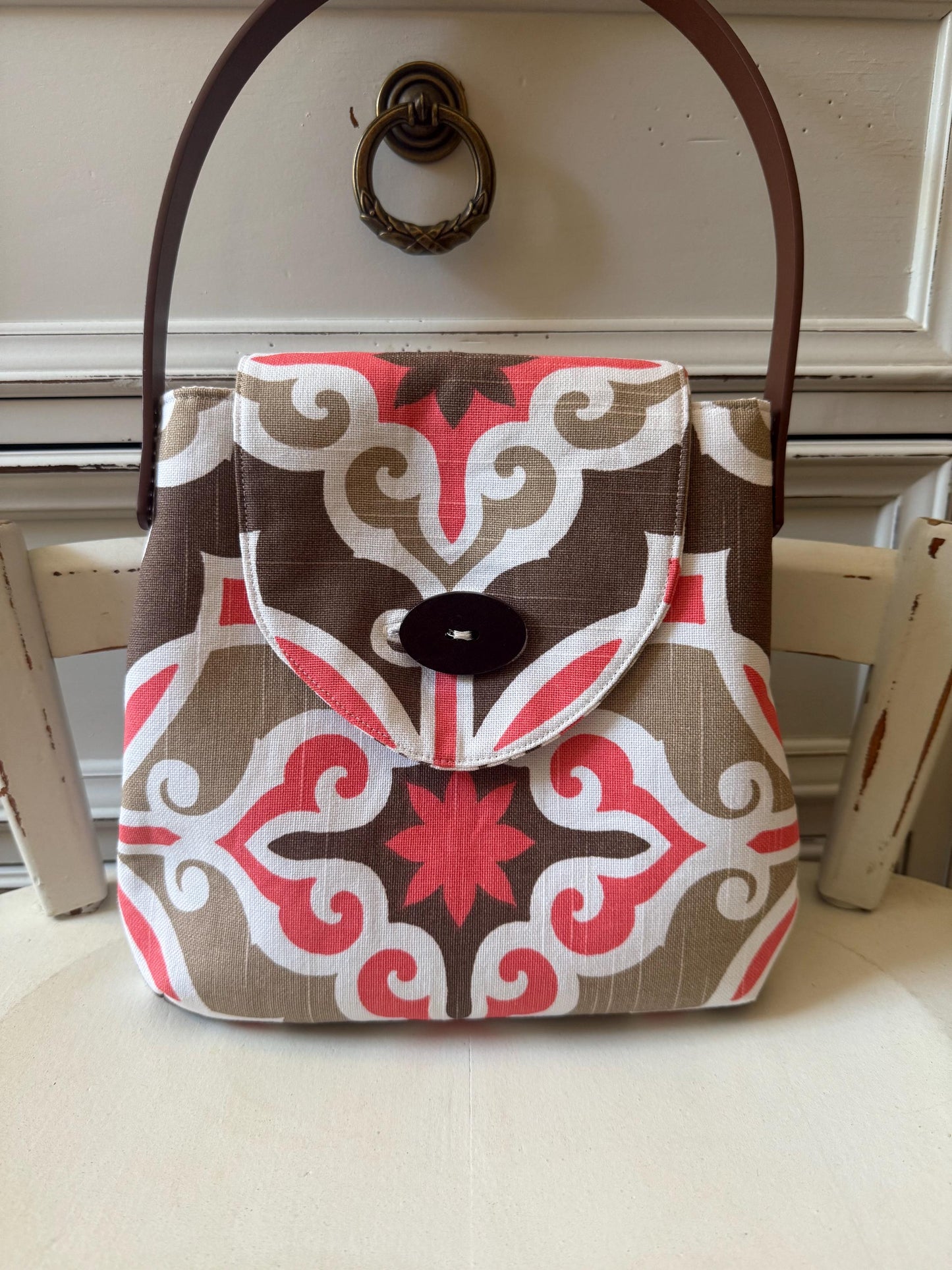 NEW DESIGN! Handbag made with cotton canvas, agf cotton lining, vegan leather handle, only ONE made, lightweight, coral, chocolate & cream