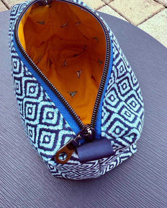 Box zippered bag with blue fabric, lined with yellow paper airplane printed fabric, carry-all makeup bag, handmade toiletries boxed bag